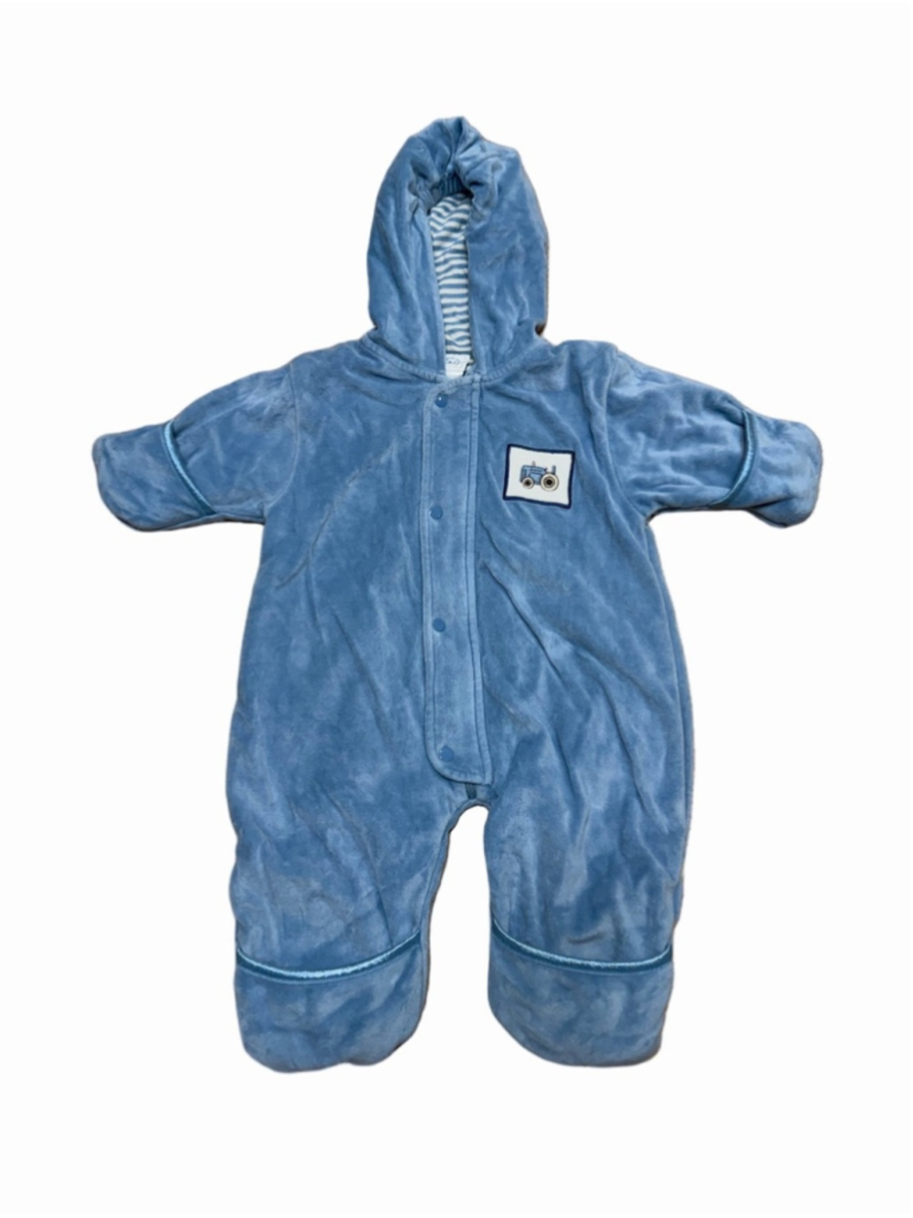 Vintage Cherokee Baby 6M Blue Velour Hooded Tractor Patch Romper Y2K One Piece